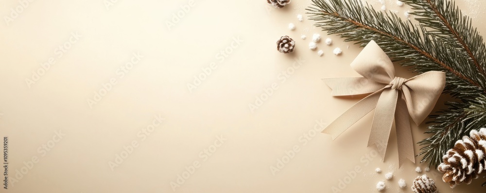 Naklejka premium A festive arrangement featuring pine branches, pinecones, and a delicate ribbon against a soft, neutral background, perfect for holiday celebrations.