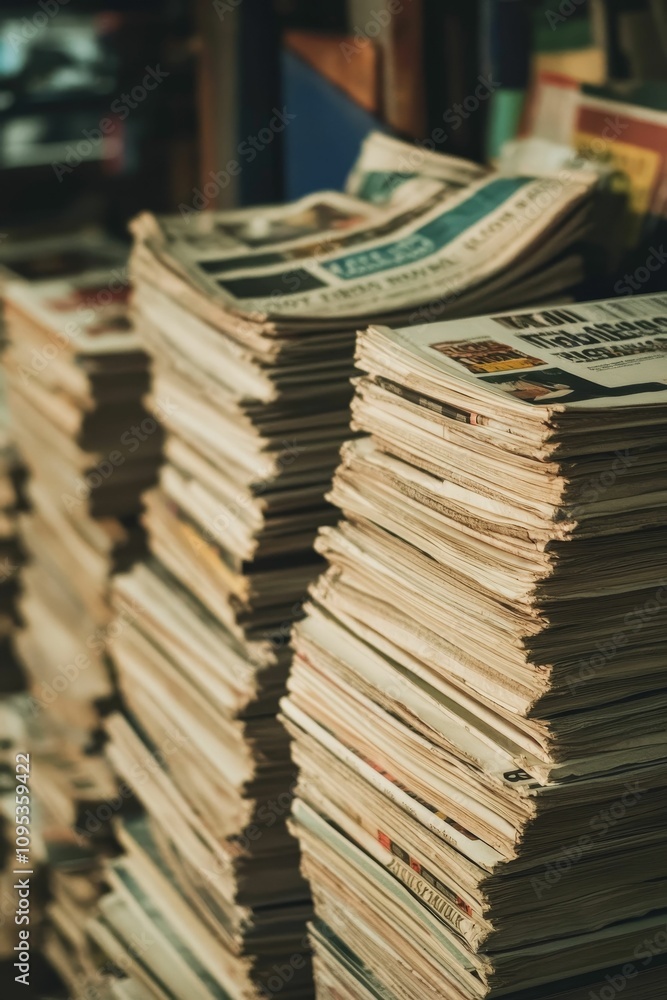 Fototapeta premium Stacked newspapers and magazines, vintage feel.