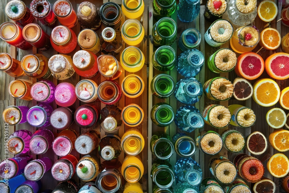 Colorful candles, glass bottles, and fruit on a wooden surface. Colorful candles, glass bottles, and fruit on a wooden surface.