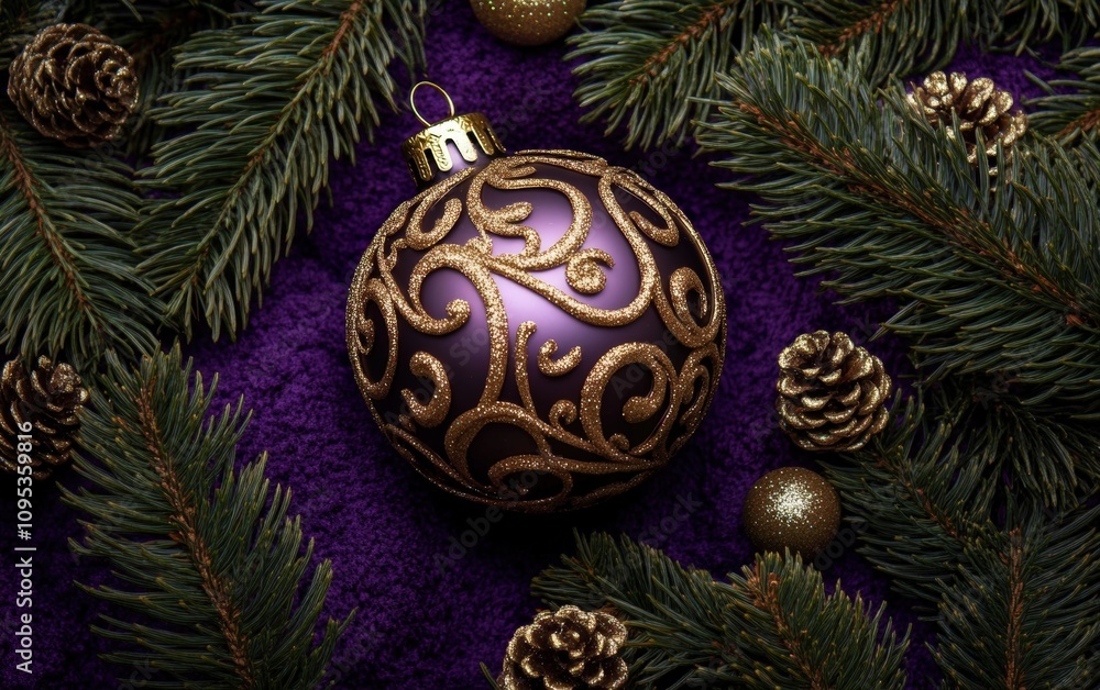 beautiful ornament on christmas tree on purple christmas background beautiful ornament on christmas tree on purple christmas background