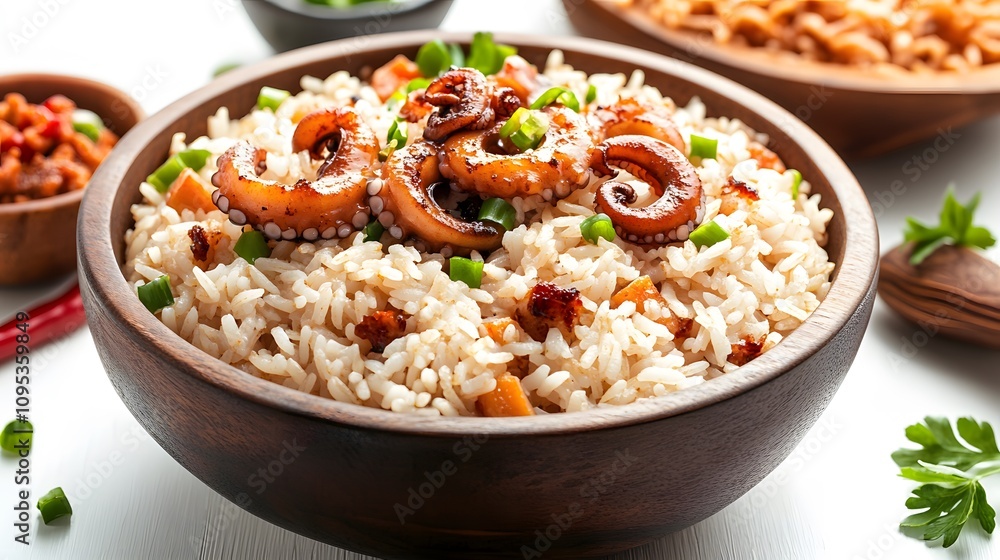 Food, Octopus Rice, on White Background, Photo Realistic, Wallpaper, Cover and Screen for Smartphone, PC, Laptop, 9:16 and 16:9 Format Food, Octopus Rice, on White Background, Photo Realistic, Wallpaper, Cover and Screen for Smartphone, PC, Laptop, 9:16 and 16:9 Format