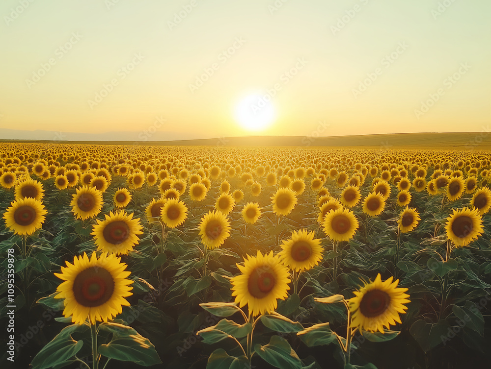 Obraz premium sunflowers in full bloom under a golden sunset