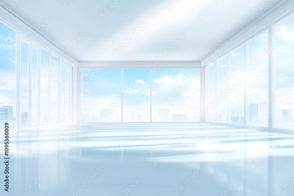 Fototapeta premium 広々とした明るい部屋から見る青空と都会の景色