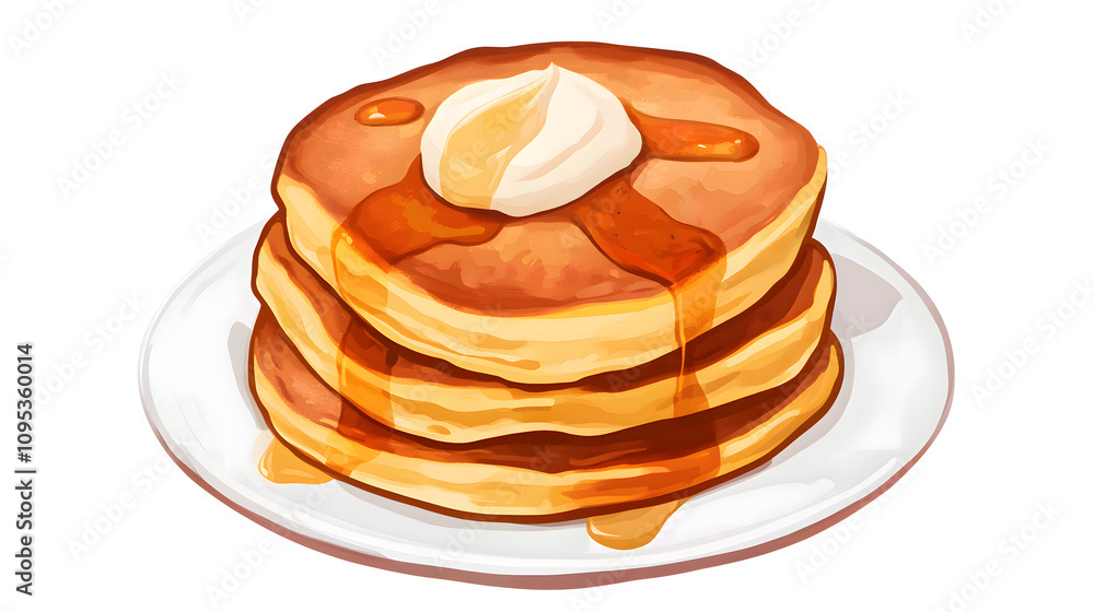 Delicious stack of syrup-drenched pancakes with butter on white plate Delicious stack of syrup-drenched pancakes with butter on white plate