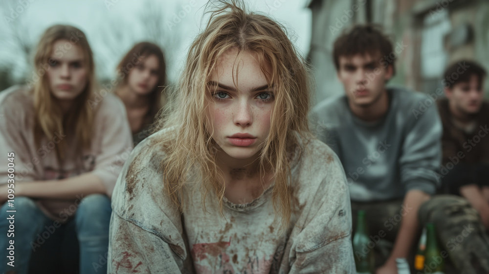 Grunge style youth portrait: trendy casual fashion and intense expressions Grunge style youth portrait: trendy casual fashion and intense expressions