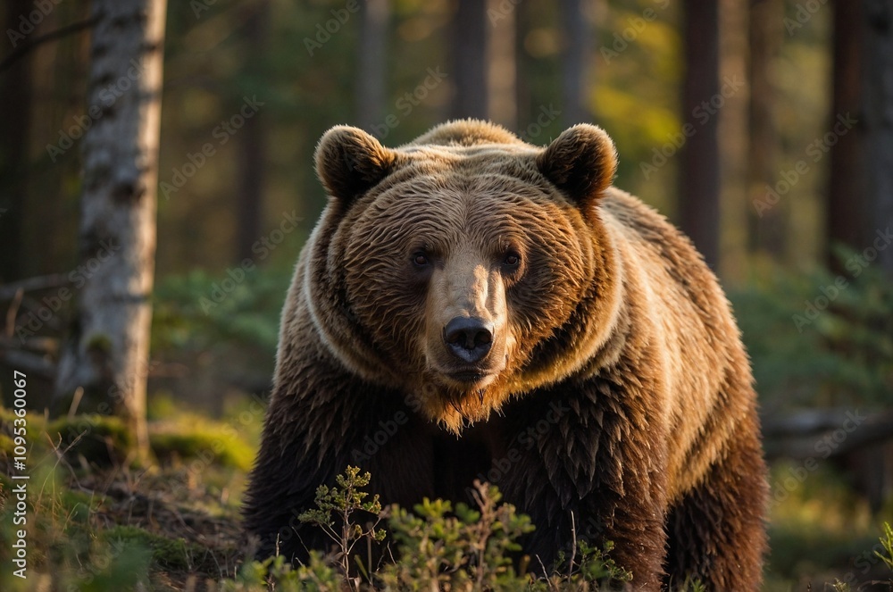 A brown bear in the forest against the background of sunset. Autumn forest. A brown bear in the forest against the background of sunset. Autumn forest.