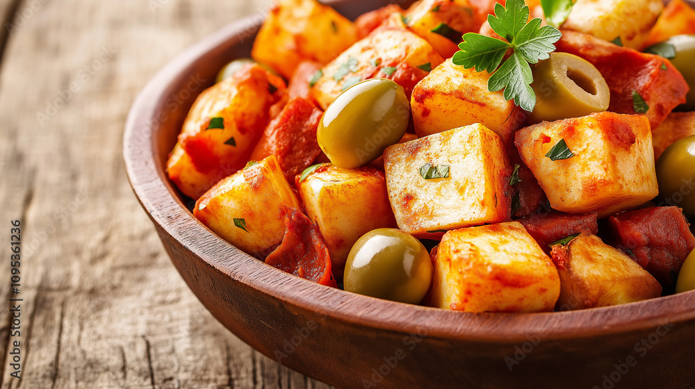 Roasted Potatoes with Olives and Parsley in a Wooden Bowl. Roasted Potatoes with Olives and Parsley in a Wooden Bowl.