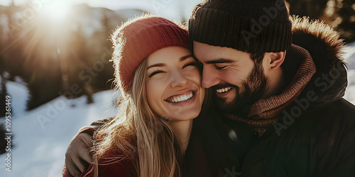 Happy couple enjoying a sunny day in the snowy mountains, surrounded by scenic winter views. high quality