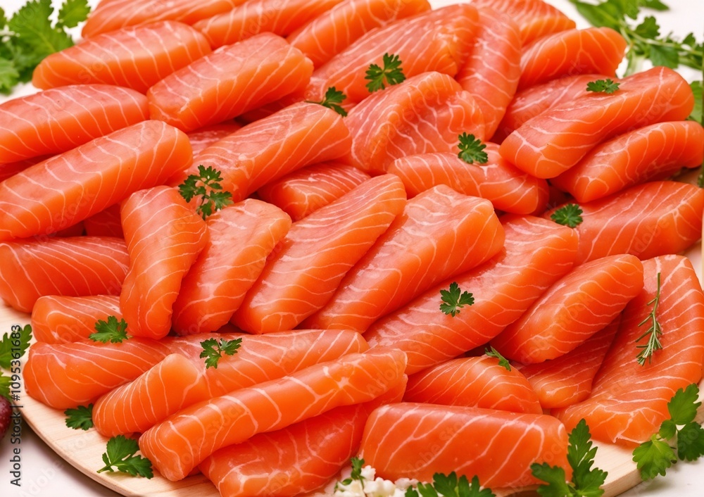 Fresh slices of salmon arranged beautifully on a platter with garnishing herbs. Fresh slices of salmon arranged beautifully on a platter with garnishing herbs.