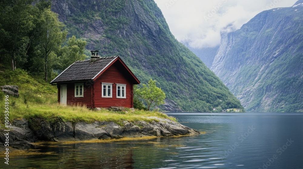 Fototapeta premium Secluded Red Cabin by Fjord, Norway: A Peaceful Mountain Lake Escape