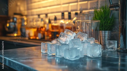 A pile of ice cubes on a marble countertop in front of a bar with bottles of liquor and bar tools. photo