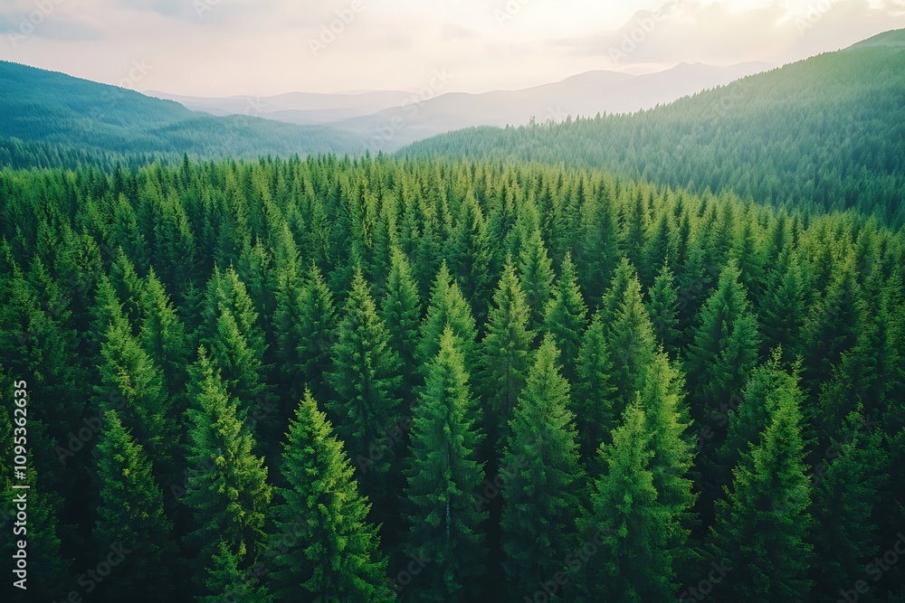 Aerial view of a dense forest with lush green coniferous trees and distant mountains. Aerial view of a dense forest with lush green coniferous trees and distant mountains.