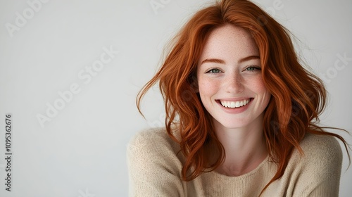 rudowłosa, kręcone włosy, uśmiech z zębami, kobieta, portret studyjny, aparat canon eos 5d mark iv, realistyczny portret, uśmiechnięta kobieta, fotografia wysokiej jakości, profesjonalne zdjęcie, natu