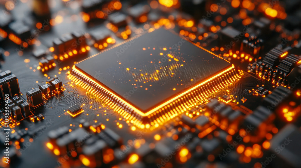 Close-up of a glowing microchip on a circuit board, representing technology and blockchain innovation Close-up of a glowing microchip on a circuit board, representing technology and blockchain innovation