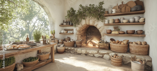 Cozy rustic kitchen interior with stone fireplace and wooden shelves adorned with kitchenware