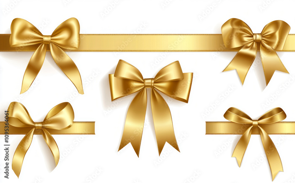 Set of golden ribbons with bows isolated on a white background, Set of golden ribbons with bows isolated on a white background,