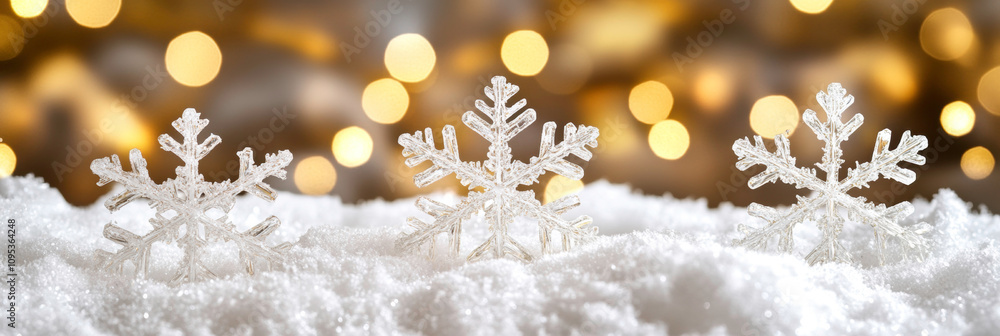 Christmas and Winter Background. Snowflakes on Snow and Defocused Lights in the Background. Christmas and Winter Background. Snowflakes on Snow and Defocused Lights in the Background.