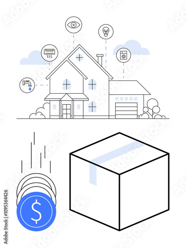 Modern house with smart home devices including camera, light, thermostat, and security connected. Falling coins and a package box. Ideal for home automation, smart living, cost savings, security