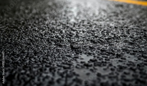 雨の降る舗装道路の表面が映し出され、濡れたアスファルトの質感が際立つ photo