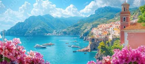 Stunning panoramic view of the Amalfi Coast featuring boats and vibrant cliffs.