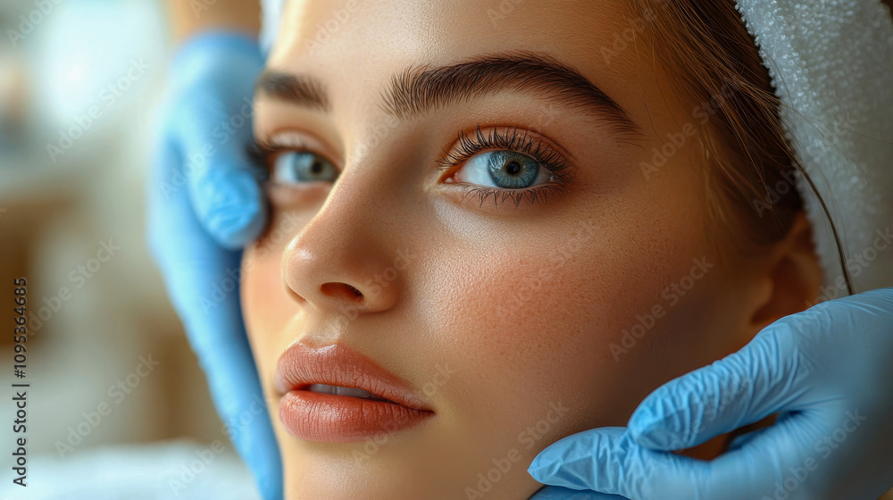 Close-up of a woman face receiving a beauty treatment with gloved hands Close-up of a woman face receiving a beauty treatment with gloved hands