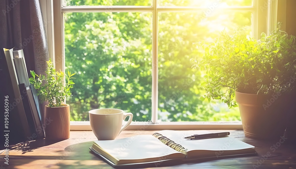 A serene workspace by a window with plants, a cup, and an open notebook for inspiration. A serene workspace by a window with plants, a cup, and an open notebook for inspiration.