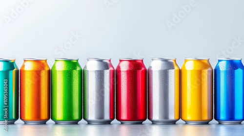  Row of colorful soda cans with condensation against a vibrant blue background