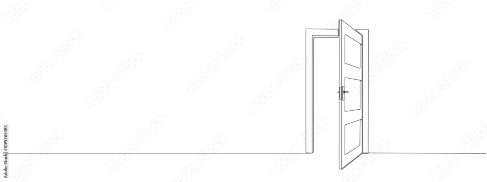 Open door with one continuous line . Single line editable drawing of office entrance. Vector illustration Open door with one continuous line . Single line editable drawing of office entrance. Vector illustration