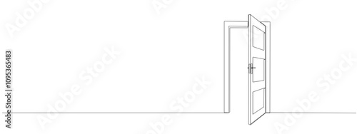 Open door with one continuous line . Single line editable drawing of office entrance. Vector illustration