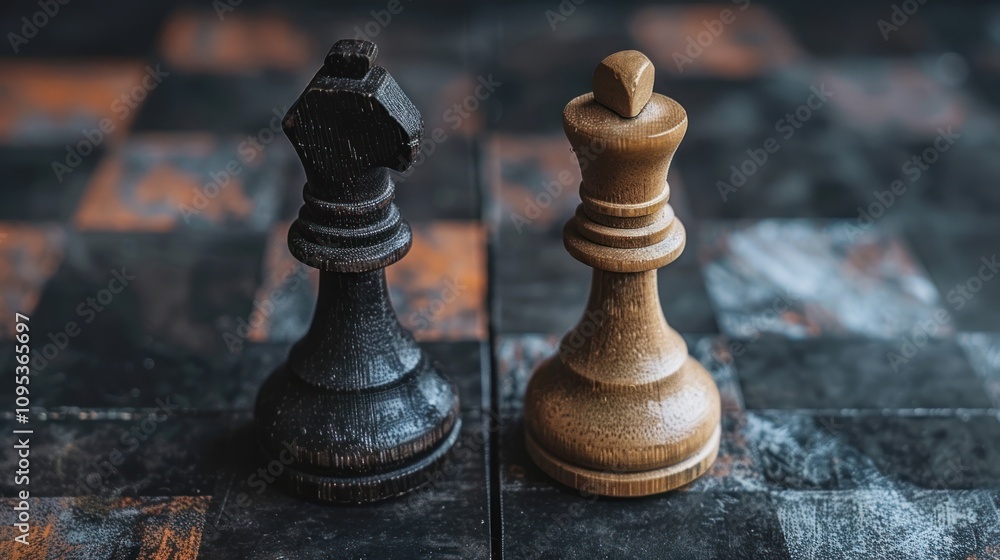 Fototapeta premium A close-up of a black knight and a light king chess piece on a textured board.