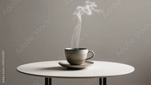 Steaming cup of coffee on a minimalist table with elegant smoke patterns in the air  photo