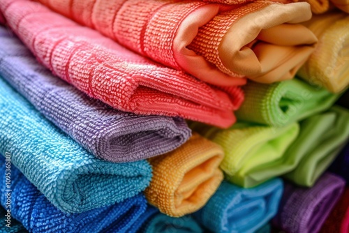 Microfiber cleaning cloths are folded and stacked, showcasing a vibrant array of colors and textures