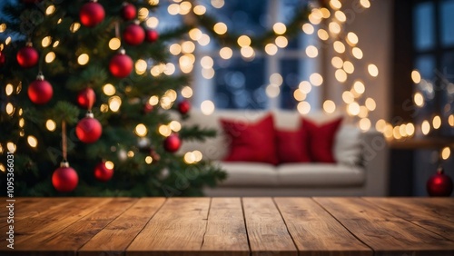 Rustic brown wood board mockup surface with cozy living room with red ornaments decor and gold bokeh lights Christmas tree background