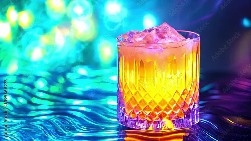 Vibrant cocktail served in a crystal glass with abstract colorful background lighting at a lively bar Vibrant cocktail served in a crystal glass with abstract colorful background lighting at a lively bar
