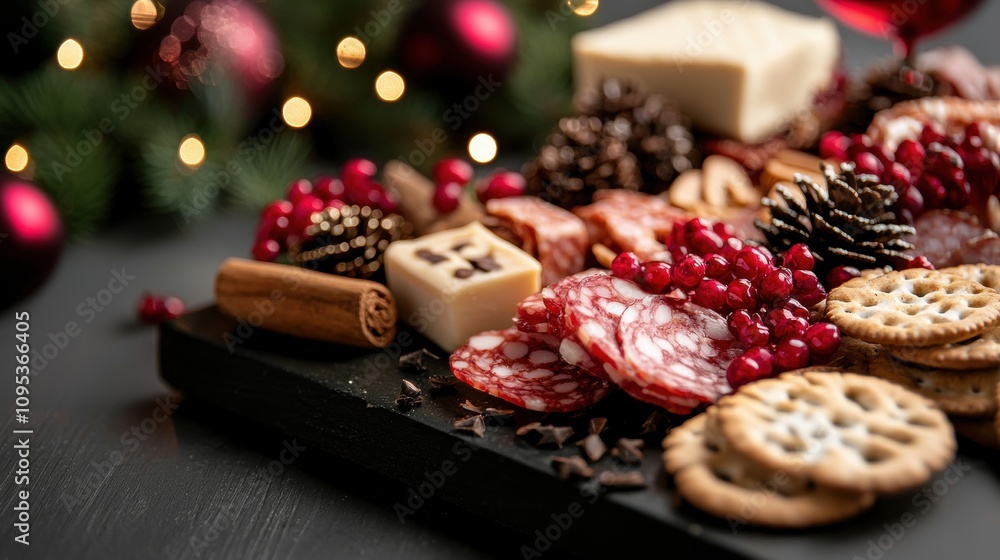 A black tray with a variety of food items including crackers, cheese, and meat A black tray with a variety of food items including crackers, cheese, and meat