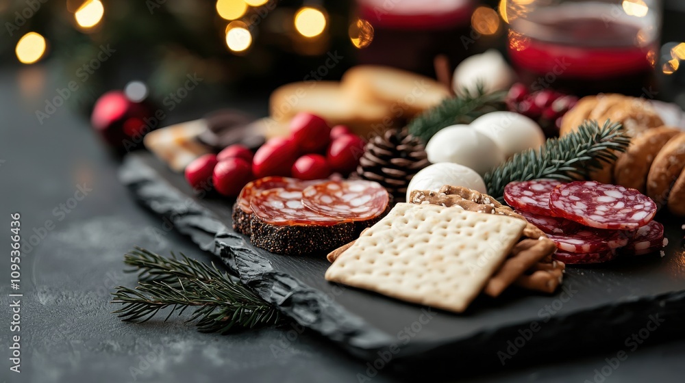 A black tray with a variety of foods including crackers, cheese, and meats A black tray with a variety of foods including crackers, cheese, and meats