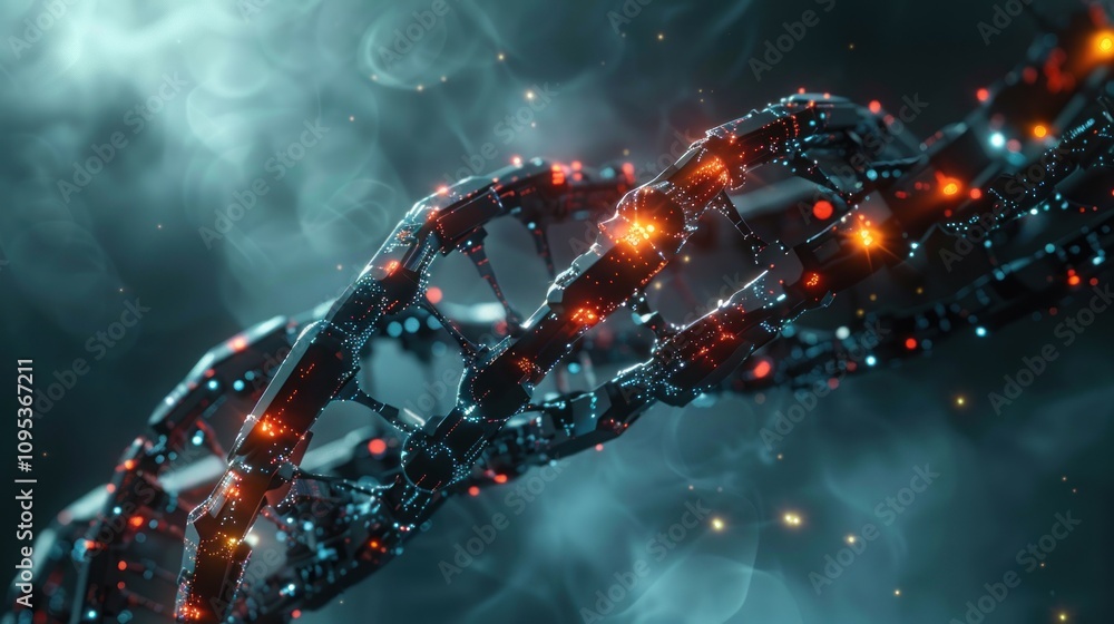 A digital representation of a DNA double helix with glowing elements. A digital representation of a DNA double helix with glowing elements.