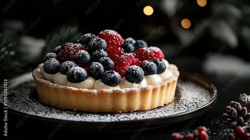 A dessert with blueberries and raspberries on top of a plate A dessert with blueberries and raspberries on top of a plate