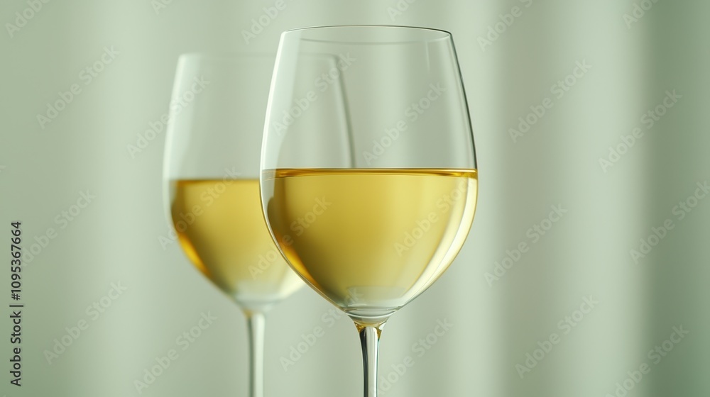 Two elegant wine glasses filled with white wine against a soft, blurred background, creating a serene and sophisticated atmosphere. Two elegant wine glasses filled with white wine against a soft, blurred background, creating a serene and sophisticated atmosphere.