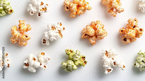 Colorful popcorn clusters arranged artistically on a white background, showcasing a variety of flavors and textures.