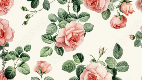 Many watercolor pink roses on a white background. Pattern of roses.