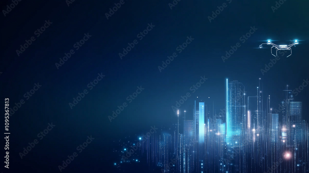 Obraz premium Futuristic City Skyline at Night with Drones and Stars