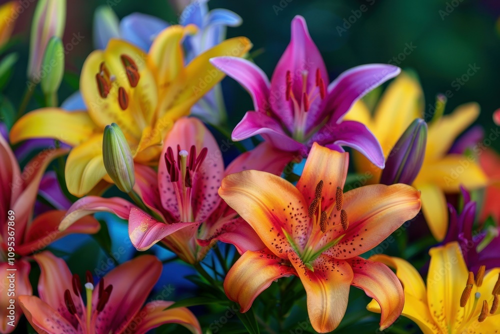 Vibrant array of lilies blooming in a garden, displaying a spectrum of colors Vibrant array of lilies blooming in a garden, displaying a spectrum of colors