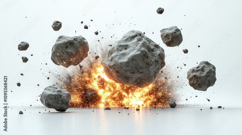 A dramatic explosion erupts as rocks collide with flames, illuminating the air with energy A dramatic explosion erupts as rocks collide with flames, illuminating the air with energy