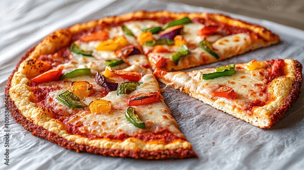 A delicious pizza topped with colorful vegetables, featuring a golden crust and melted cheese, perfect for any meal. A delicious pizza topped with colorful vegetables, featuring a golden crust and melted cheese, perfect for any meal.