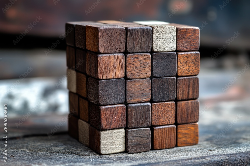 Wooden Cube Puzzle Crafted From Various Wood Tones Wooden Cube Puzzle Crafted From Various Wood Tones
