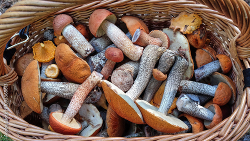 Tableau sur toile basket with natural forest mushrooms léccinum aurantíacum close-up natural food