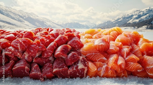 Vibrant red beef and succulent salmon are artfully arranged on snow beneath majestic peaks photo