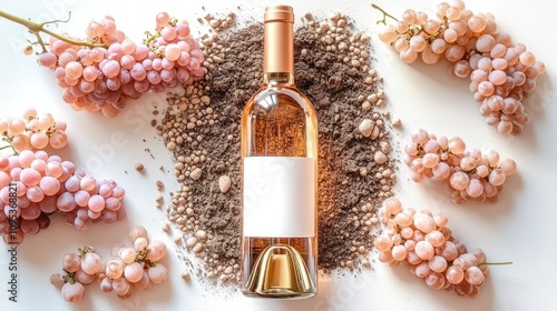 A beautiful bottle of rosé wine rests amidst fresh grapes and soil, creating a harmonious display