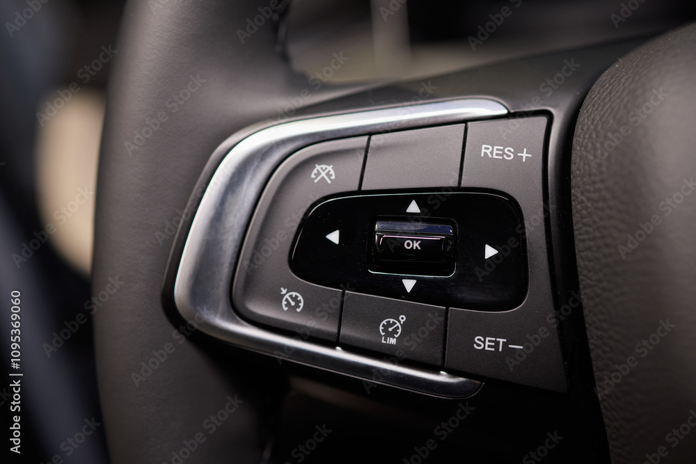 Fototapeta premium The modern cars steering wheel control panel boosts convenience and performance